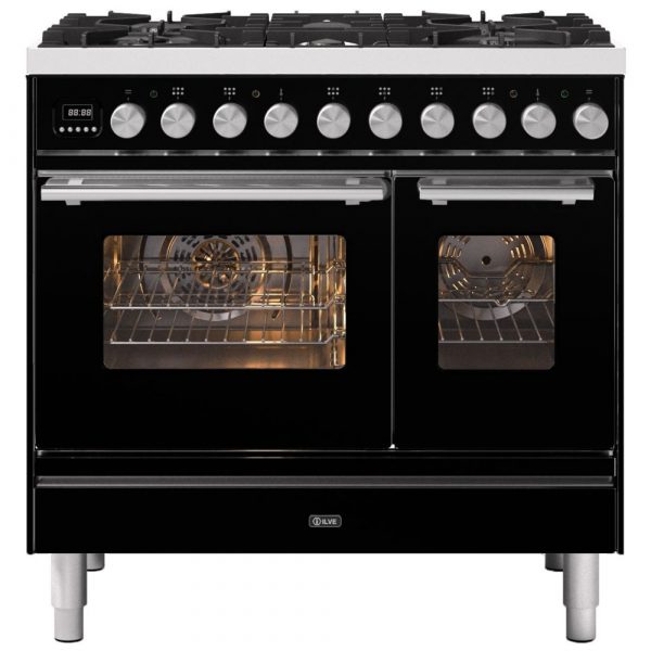 Ilve PD096WE3BK 90cm Roma Dual Fuel Twin Oven Range Cooker In Gloss Black