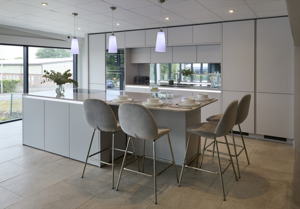Contemporary kitchen in grey in our Wragby kitchen showroom