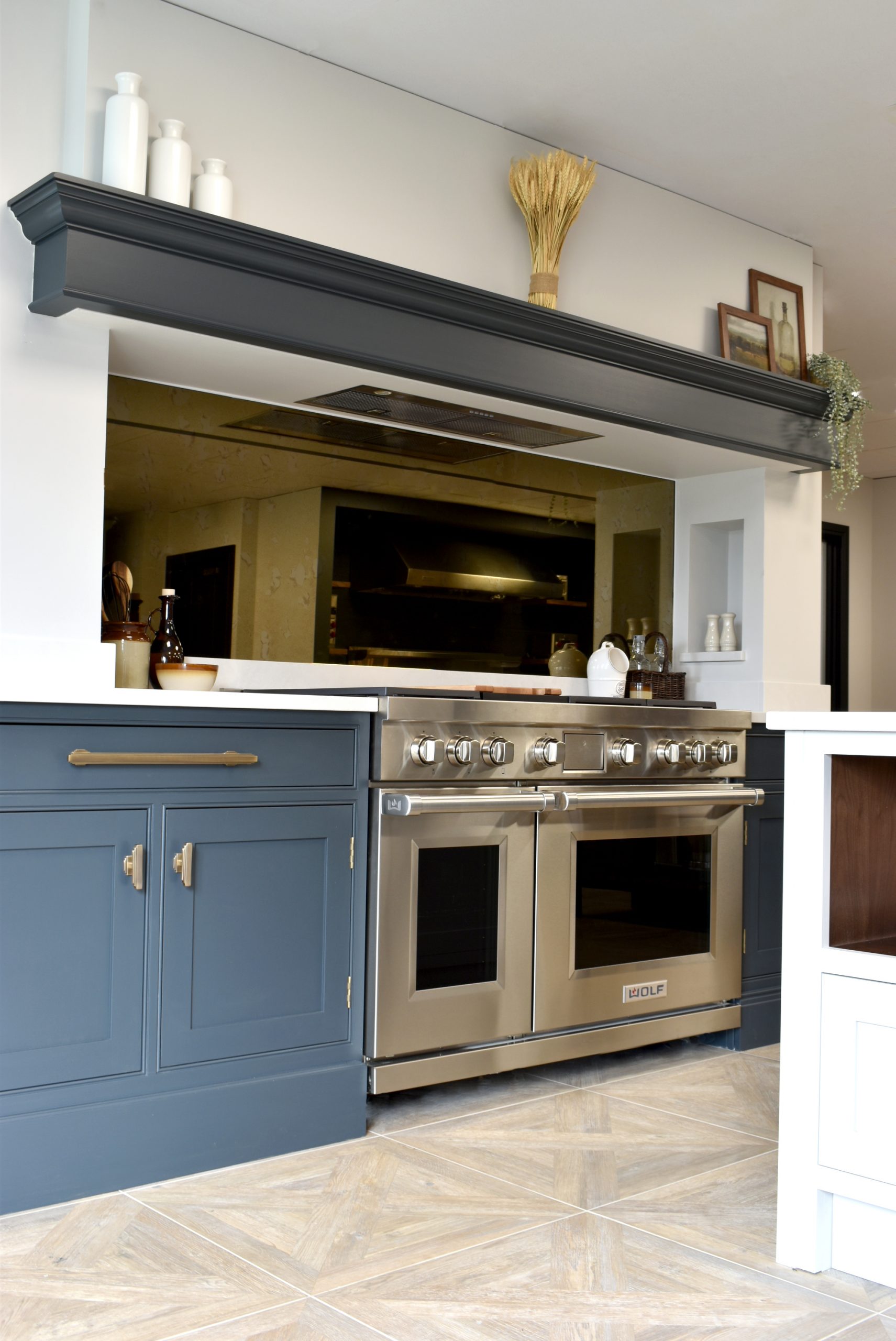 Wolf dual fuel range oven pictured in situ in a classic contemporary kitchen
